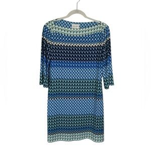 Donna Morgan Blue & Black Geometric Illusion Boatneck Shift Dress Womens Sz 10